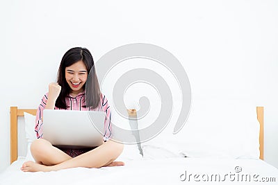 Beautiful of portrait asian young woman sitting relax and leisure with laptop Stock Photo