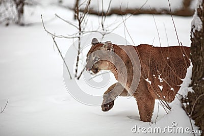 Beautiful Portrait of a Canadian Cougar. mountain lion, puma, cougar behind a tree. panther, Winter scene in the woods Stock Photo