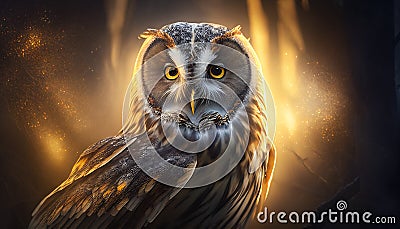 Beautiful portrait of a mysterious owl in the night forest with yellow and orange light Stock Photo