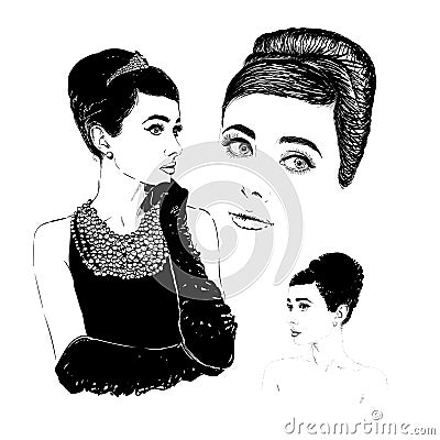 Beautiful portrait retro woman, illustration. Vector Illustration