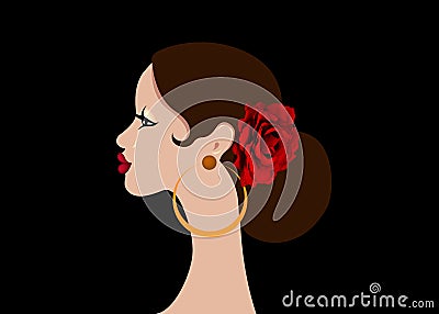Beautiful portrait Spanish Latin woman, hairstyles for flamenco girl with big chignon wearing red rose flower and earrings, vector Vector Illustration