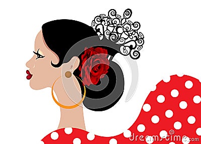 Beautiful portrait Spanish Latin woman, hairstyles for flamenco girl wearing folk accessories peineta, red rose flower and earring Vector Illustration