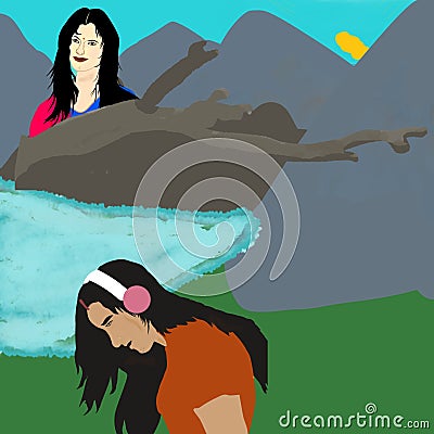 beautiful females model pose with mountain illustration Stock Photo