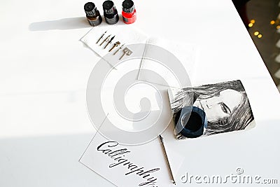 Beautiful postcard with calligraphic inscription of black ink on Stock Photo