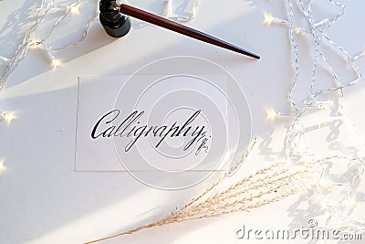 Beautiful postcard with calligraphic inscription of black ink on Stock Photo
