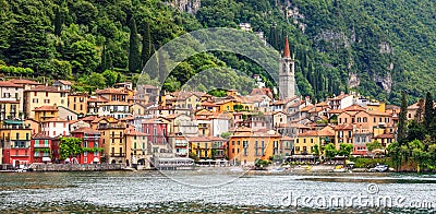 Beautiful Postcard Panorama view of beautiful Varenna Town, Lake Como, Lombardy, Italy, Europe Stock Photo