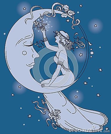 Beautiful poster in art nouveau style with party woman and moon in starry sky Vector Illustration