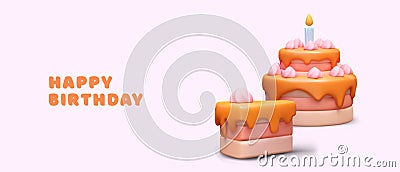 Beautiful poster with big tasty birthday cake with candle Vector Illustration