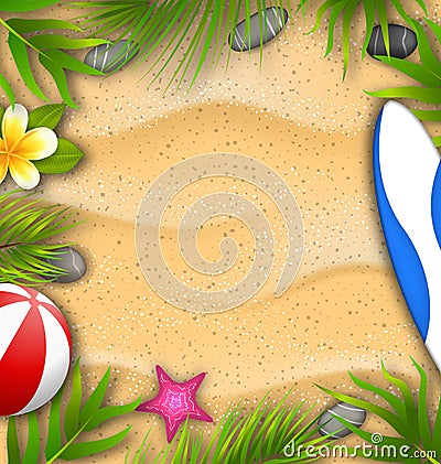 Beautiful Poster with Palm Leaves, Beach Ball, Frangipani Flower, Starfish, Surf Board, Sand Texture Vector Illustration