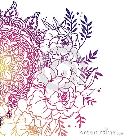 Beautiful poster with peonies and mandala ornaments Vector Illustration