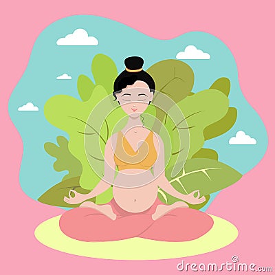 Beautiful pregnant asian woman in meditation Vector Illustration