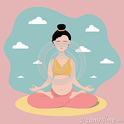 Beautiful pregnant asian woman in meditation Vector Illustration