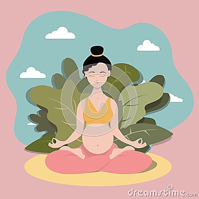 Beautiful pregnant asian woman in meditation Vector Illustration