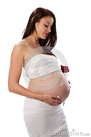 Beautiful pregnant brunette lady on white backgrou Stock Photo