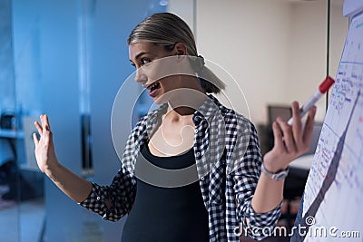Beautiful pregnant Businesswoman Gives Report/ Presentation to Her Business Colleagues in the Conference Room Stock Photo