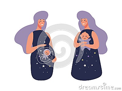 Beautiful pregnant mother, woman with baby, funny maternity character set, flat cartoon vector illustration isolated on Vector Illustration