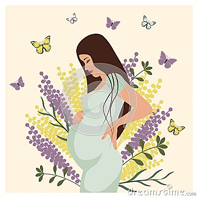 Beautiful pregnant woman on the background of wild flowers and flying butterflies. Motherhood happiness concept. Vector Illustration