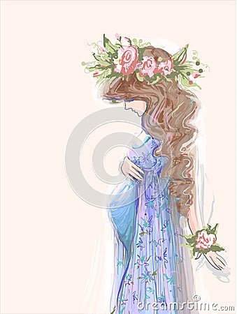 Beautiful pregnant woman brunette with long curly hair and floral wreath on head, tender hand drawn vector illustration Vector Illustration