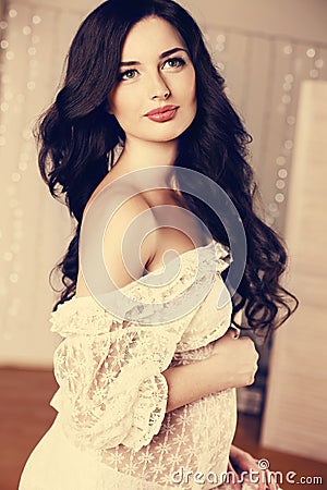 beautiful pregnant woman long dark hair wearing lace dress fashion photo 48336152