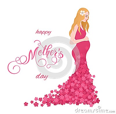 Beautiful pregnant women in flowery dress. Mothers Day greeting card with lettering. Spring holidays Vector Illustration