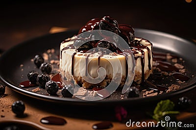 beautiful presentation of cheesecake with drizzle of warm chocolate sauce and sprinkle of mini chocolate chips Stock Photo