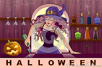 Beautiful pretty witch girl pours cocktails Halloween party Vector Illustration