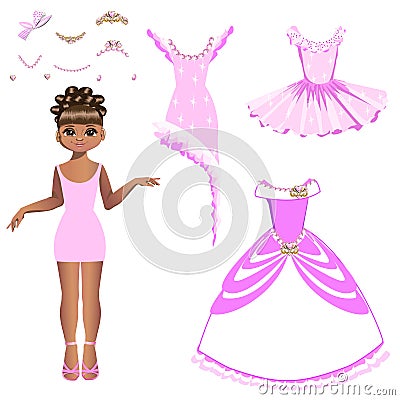 Beautiful princess with a collection of dresses and accessories Vector Illustration