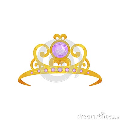 Beautiful princess crown decorated with round purple gemstones. Golden tiara. Precious queen accessory. Symbol of royal Vector Illustration