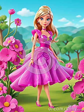 Beautiful princess doll posing on nature 3D Animation Style Stock Photo