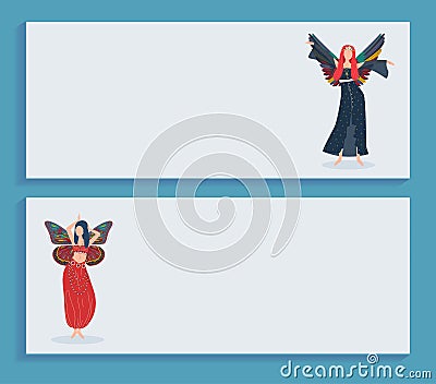 Beautiful princess fairy woman girl magic wings vector illustration character. Fashion costume dress magic fantasy dress Vector Illustration