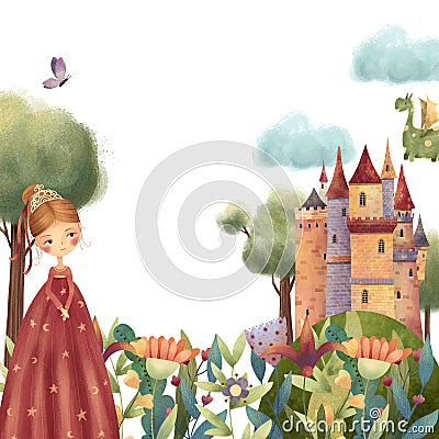 Beautiful princess with fantasy flowers, dragon and castle Cartoon Illustration