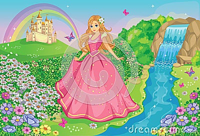 Beautiful Princess. Cute fairy. Fairytale background with flower meadow or park, castle, rainbow. Wonderland. Vector landscape. Vector Illustration