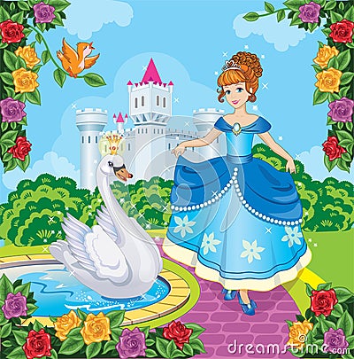 Beautiful Princess with swan. Cute fairy. Fairytale background with flower meadow, castle. Blossoming garden. Wonderland.Vector. Vector Illustration