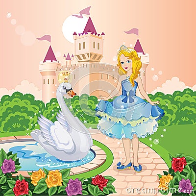 Beautiful Princess with swan. Cute fairy. Fairytale background with flower meadow, castle. Blossoming garden. Wonderland.Vector. Vector Illustration