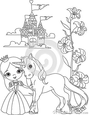Beautiful princess and unicorn coloring page Vector Illustration