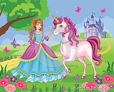 Beautiful Princess with white unicorn. Cute fairy. Fairytale background with flower meadow, castle, rainbow. Wonderland. Vector. Vector Illustration