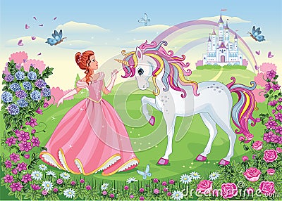 Beautiful Princess with white unicorn. Cute fairy. Fairytale background with flower meadow, castle, rainbow. Wonderland. Vector. Vector Illustration