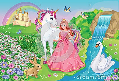 Beautiful Princess with white unicorn and Swan. Fairytale background with flower meadow, castle, rainbow, lake. Wonderland. Vector Vector Illustration