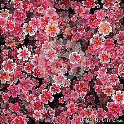 Beautiful print with blossoming dark and light pink sakura flowers. Deep 3d effect on black vector illustration Vector Illustration