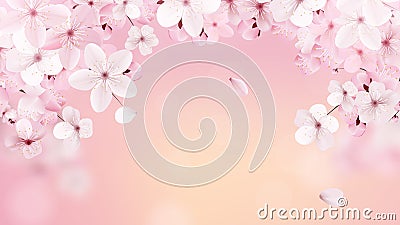 Beautiful print with blossoming light pink sakura flowers with place for text. Cherry on the background of the dawn. Vector Vector Illustration