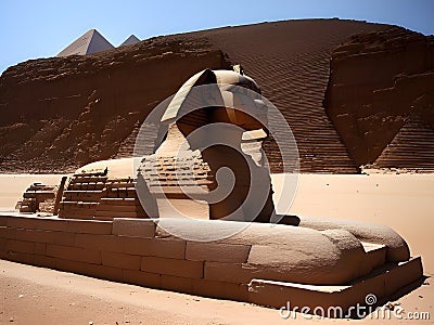 Beautiful profile of the Great Sphinx including pyramids of Menkaure and Khafre, Ai generated Stock Photo