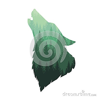 Silhouette of the head of a wild, lonely, howling wolf Vector Illustration
