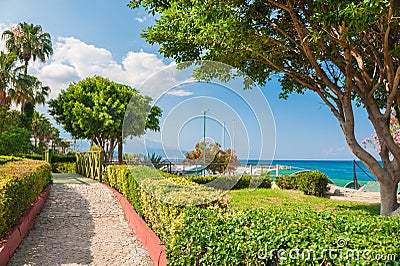 Beautiful promenade with green trees in Kemer, Turkey. Stock Photo