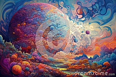 Beautiful psychedelic painting of fantastic planet with colordul clouds. Generative AI Stock Photo