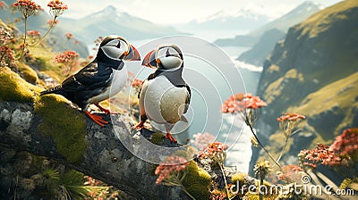A beautiful puffin pair perching on a branch looking at camera Stock Photo