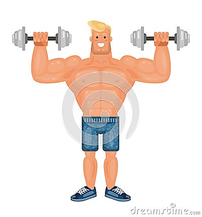 Beautiful pumped up bodybuilder man doing exercises with dumbbells and smiling, flat vector Vector Illustration