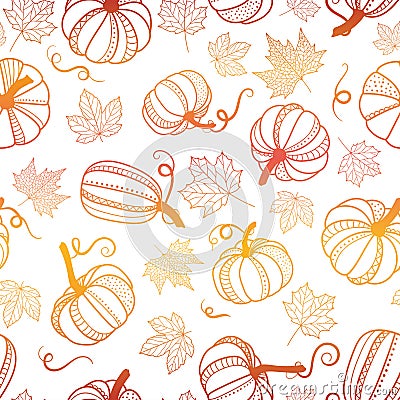 Beautiful pumpkin halloween thanksgiving seamless pattern, cute cartoon pumpkins hand drawn background, great for seasonal textile Vector Illustration