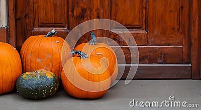 beautiful pumpkins outside a house,halloween concept Stock Photo