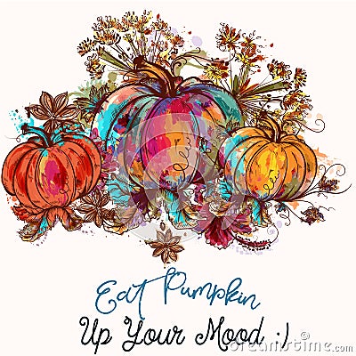 Beautiful pumpkins in watercolor colorful style. Eat pumpkin up Stock Photo