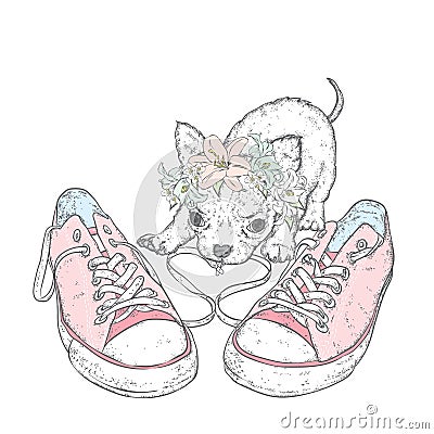 A beautiful puppy with sneakers and a flower wreath. Vector Illustration